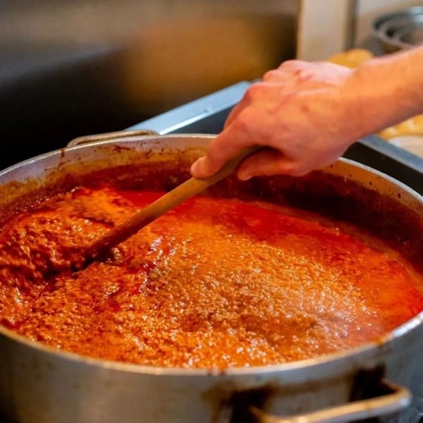 A hand stirs a large pot of simmering red Italian spaghetti sauce with a wooden spoon.
